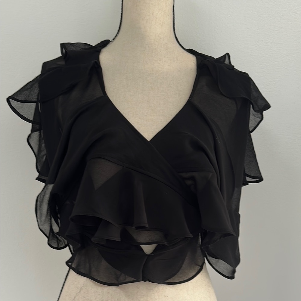 ZBARSB Zara Black Asymmetrical Ruffled Sleeveless Blouse